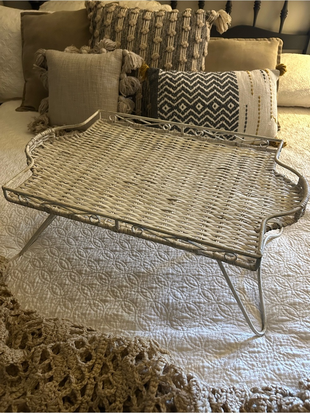 Vintage Woven Rattan Serving Tray with Foldable Legs - Chippy Cream Finish